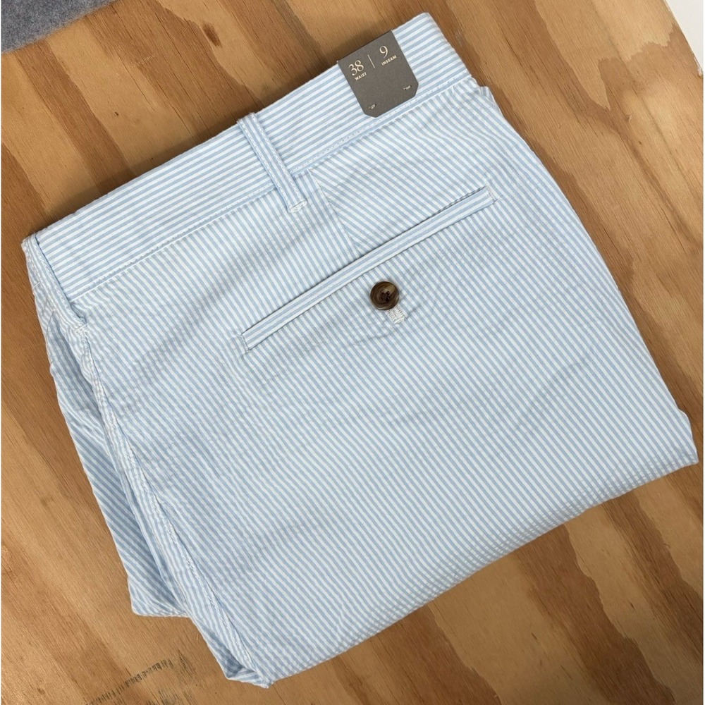 J.Crew Men's 38 9" Seersucker‎ Stretch Blue & White Striped Shorts New